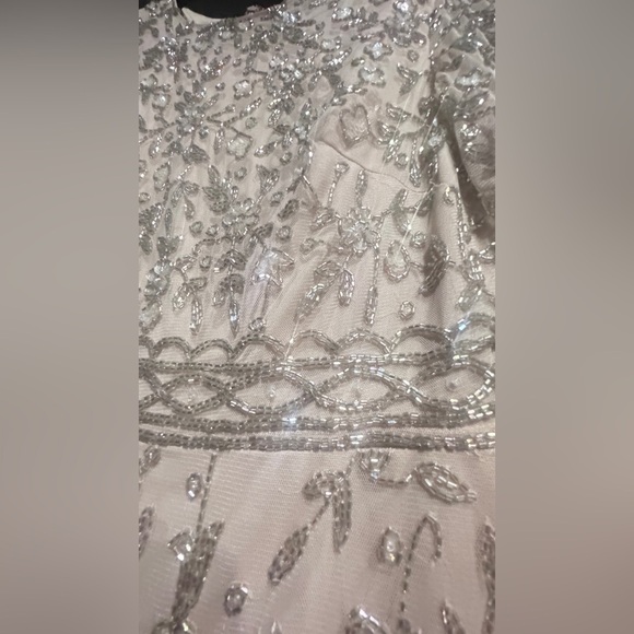 Mac Duggal Beige Beaded Tea Length Dress w/ Sheer Sleeves - Picture 10 of 14